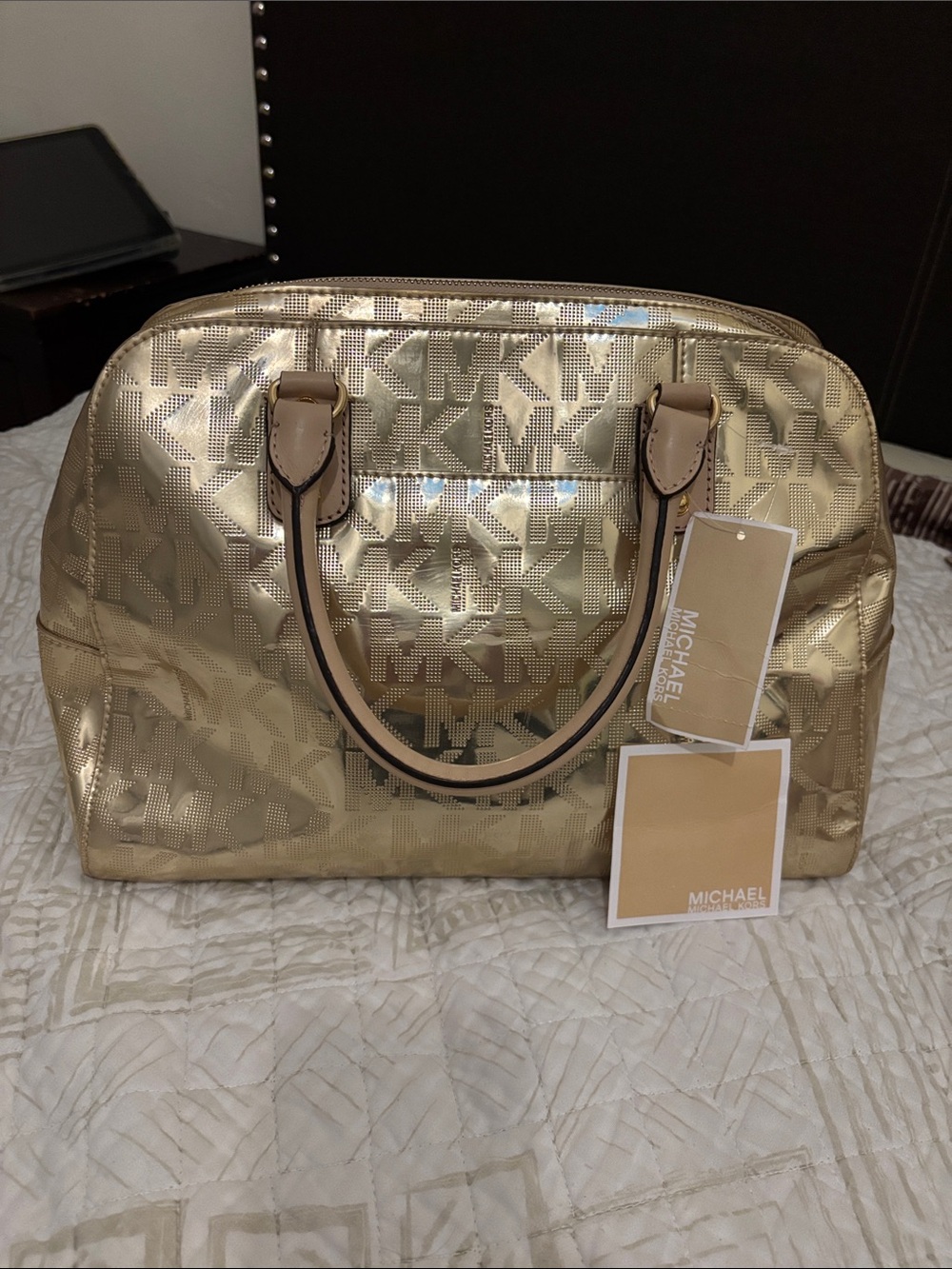 Michael Kors Gold Metallic Logo Travel Satchel - Picture 2 of 7